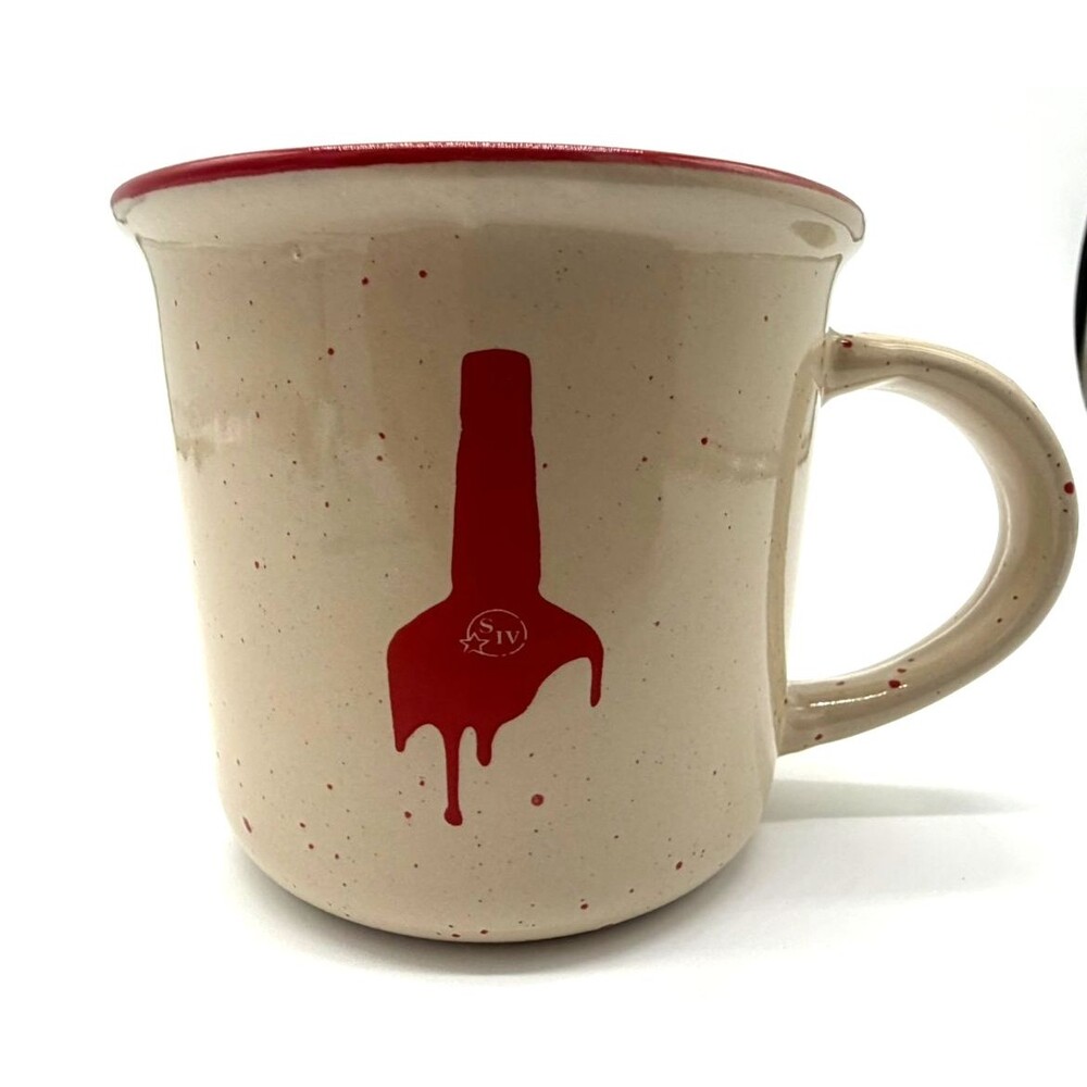 Makers Mark Bourbon Whiskey Coffee Cup Tan  Red Speckled Ceramic Enamelware Look
